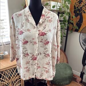 Vintage 90s Casey & Max Beige Dusty Rose Linen Blend Scallop Trim Button Up Top